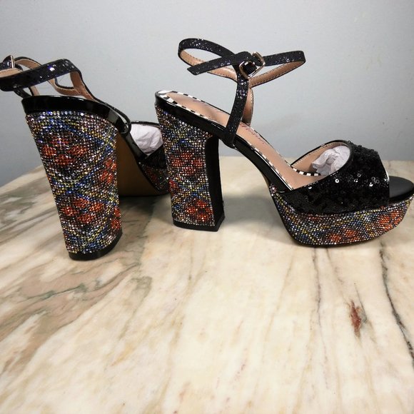 SPARKLING Betsey Johnson ALAIA sequin and rhinestone heeled platform sandals 8m - Picture 2 of 8